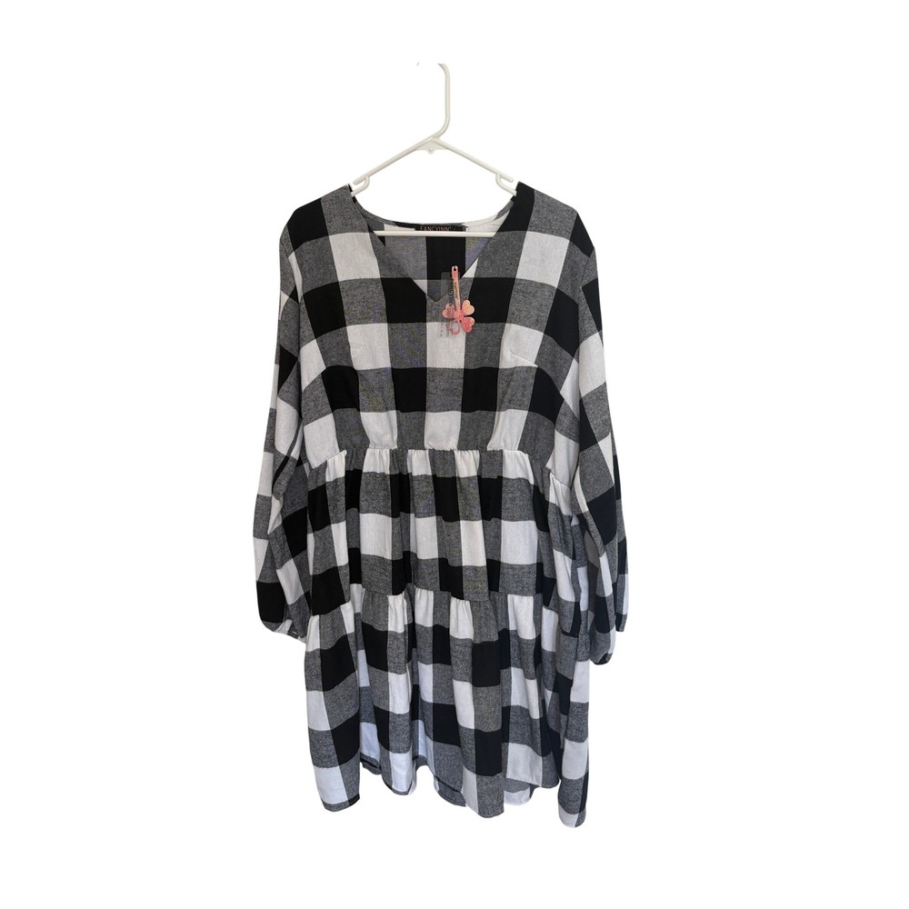 FANCYINN Womens Black White Buffalo Plaid Babydoll Tiered Mini Dress XL NWT